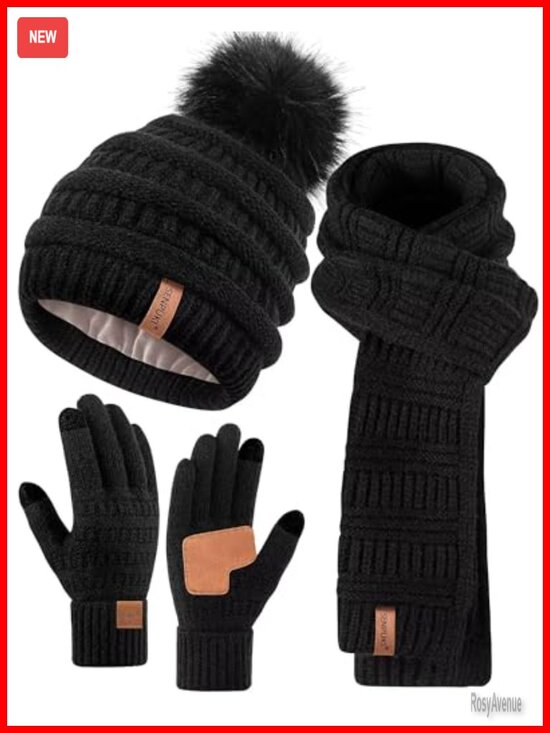 Winter Beanie Scarf Gloves Set, Fleece Lined Pom Pom Hat, Touchscreen Gloves main image 4